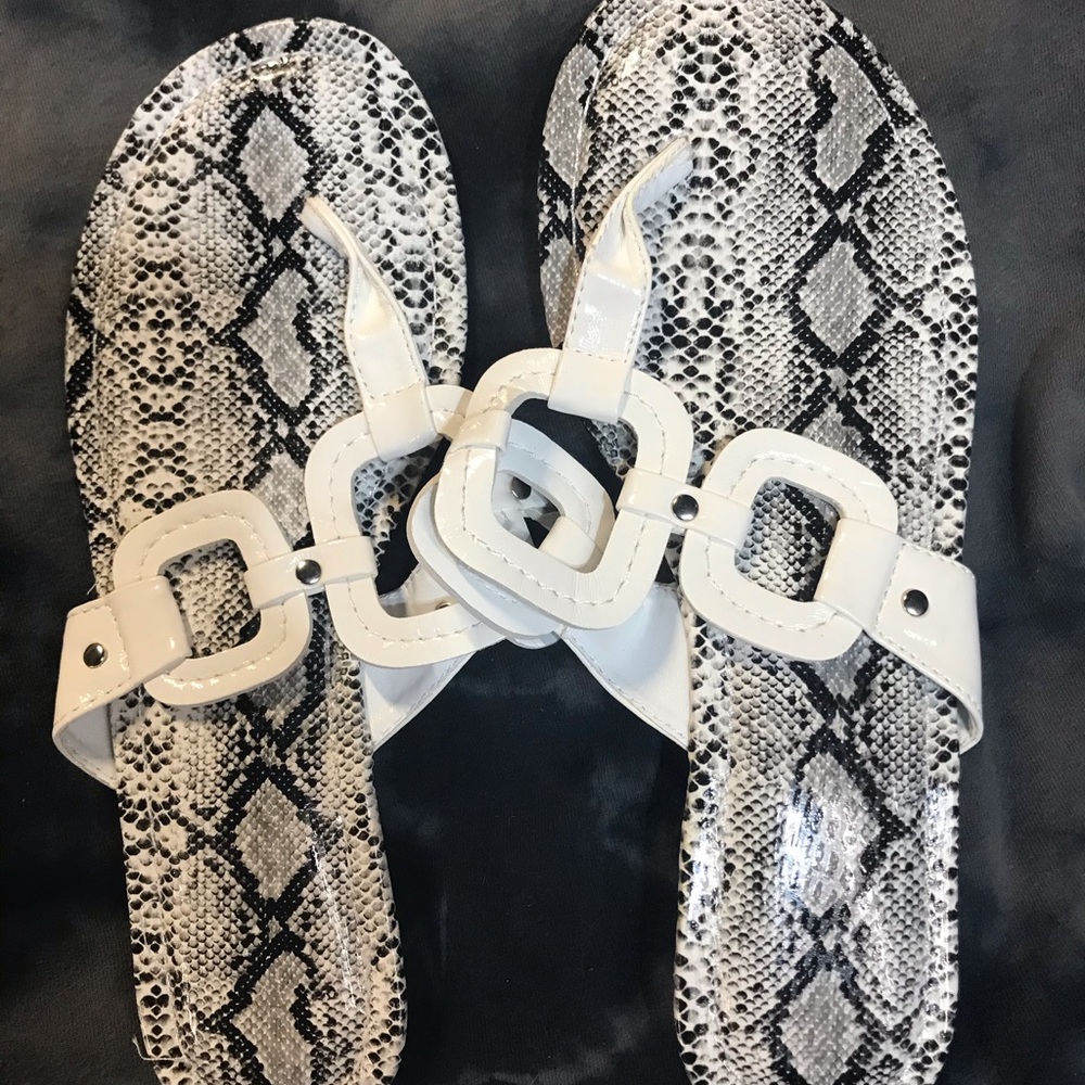 Avon White and Black Snake Print Sandals